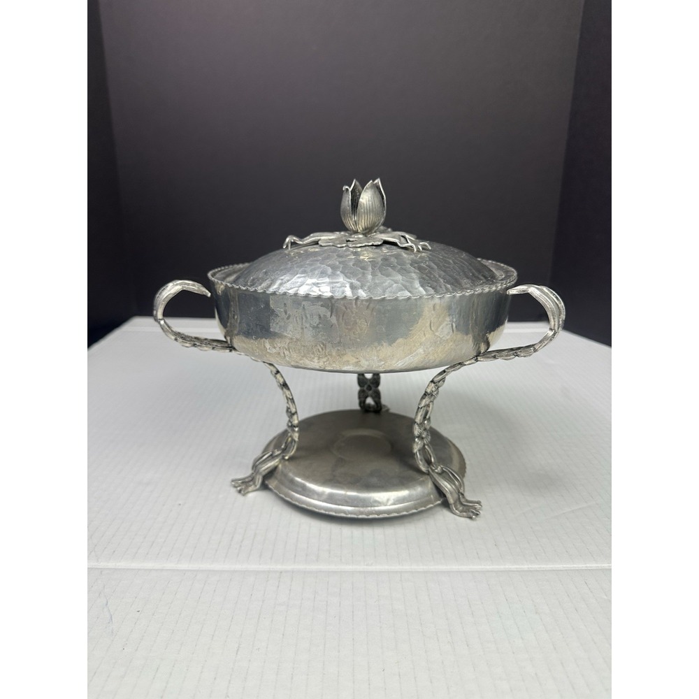 Vintage Hammered Aluminum 2 Qt Chafing Dish with Rose Design CIRCA 1950's